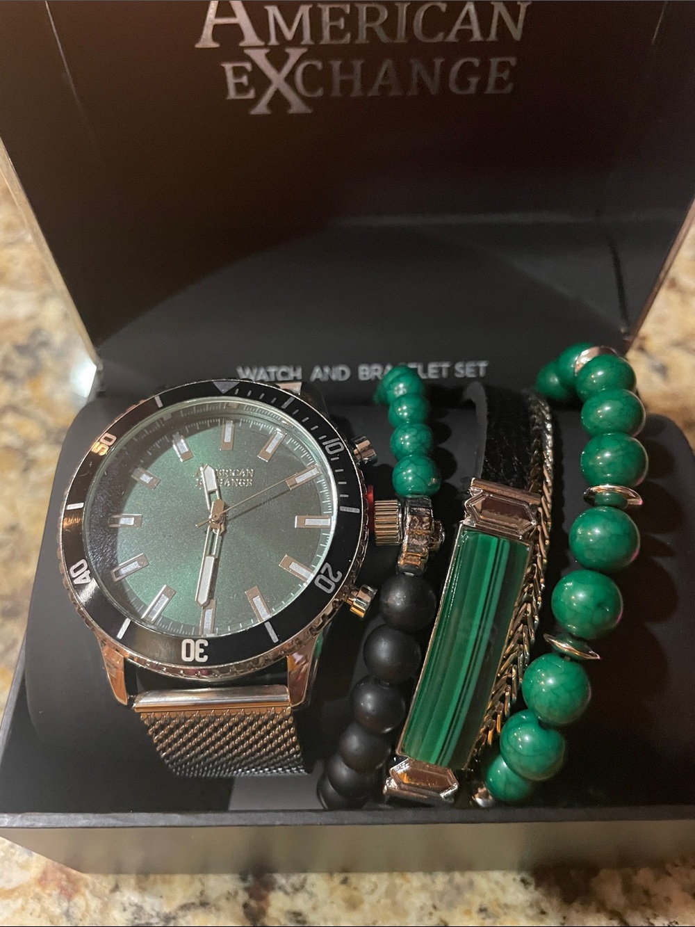 American Exchange Green Dial Watch and Coordinating Green & Black Bracelet Set
